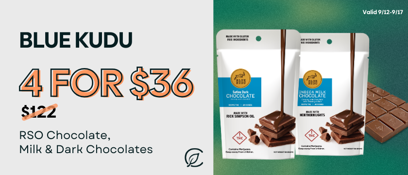 Cannabis Promo, Cannabis Sales, Cannabis Discounts, Cannabis on Sale, 4 for $36 Blue Kudu Chocolate