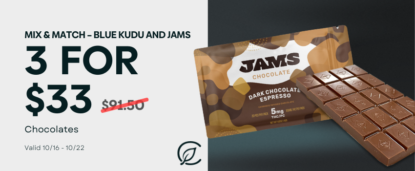 Cannabis Promo, Cannabis Sales, Cannabis Discounts, Cannabis on Sale, Mix and Match Blue Kudu and JAMs Chocolate: 3 for $33