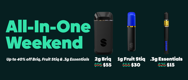 Cannabis Promo, Cannabis Sales, Cannabis Discounts, Cannabis on Sale, All-in-One Weekend: $55 Briqs, $30 Stiqs, $15 .3 Disposables