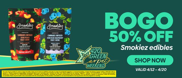 Cannabis Promo, Cannabis Sales, Cannabis Discounts, Cannabis on Sale, Buy 1 Get 1 50% Off Smokiez!