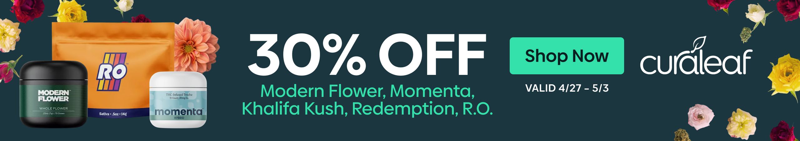 Cannabis Promo, Cannabis Sales, Cannabis Discounts, Cannabis on Sale, 30% Off Modern FL, R.O, Momenta, Khalifa Kush, & Redemption!