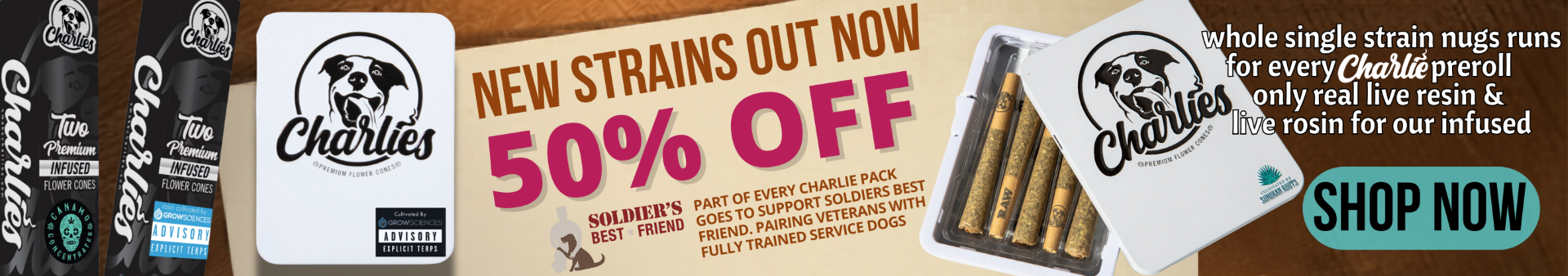 Cannabis Promo, Cannabis Sales, Cannabis Discounts, Cannabis on Sale, 50% OFF CHARLIES Infused & Non-Infused Pre-Roll Packs!