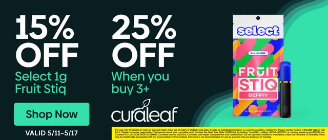 Cannabis Deals | 15% Off Select 1g Fruit Stiq Vapes! | Curaleaf Oxford Medical, MA | Medical Cannabis Cannabis Deals | 15% Off Select 1g Fruit Stiq Vapes! | Curaleaf Oxford Medical, MA | Medical Cannabis
