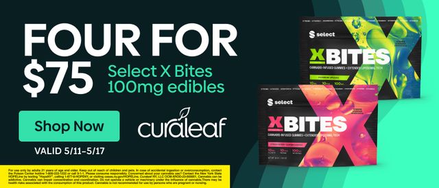 Cannabis Promo, Cannabis Sales, Cannabis Discounts, Cannabis on Sale, Buy Any 4 100mg Select X-Bites for $75!