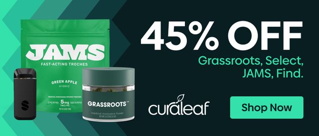 Cannabis Promo, Cannabis Sales, Cannabis Discounts, Cannabis on Sale, 45% Off Grassroots, Select, Find & Jams Products!