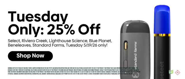 Cannabis Promo, Cannabis Sales, Cannabis Discounts, Cannabis on Sale, Tuesday: Select, Lighthouse, Blue Planet, Beneleave| 25% OFF