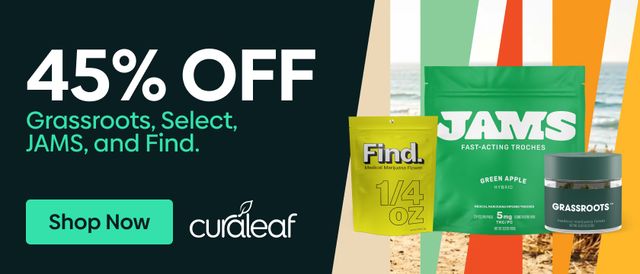 Cannabis Promo, Cannabis Sales, Cannabis Discounts, Cannabis on Sale, 45% Off Grassroots, Select, Find & Jams Products!