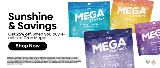 Cannabis Promo, Cannabis Sales, Cannabis Discounts, Cannabis on Sale, Gron MEGA | Buy 4, Get 25% OFF