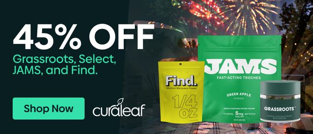 Cannabis Promo, Cannabis Sales, Cannabis Discounts, Cannabis on Sale, 45% Off Grassroots, Select, Find & Jams Products!