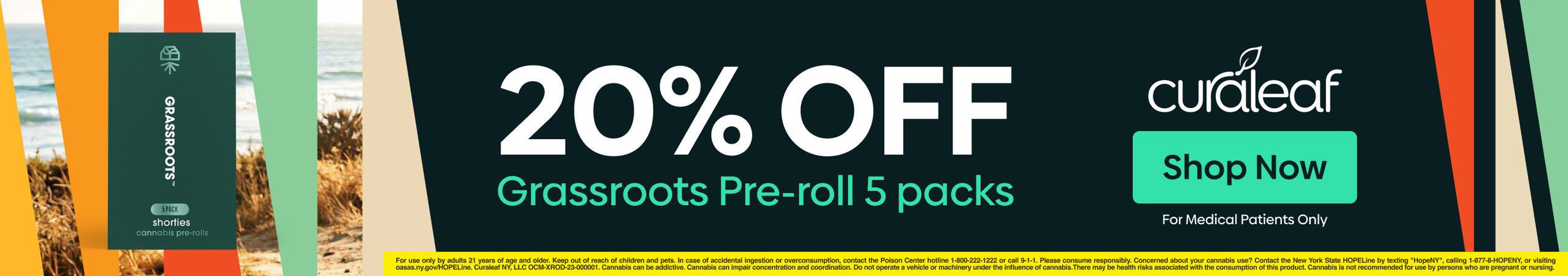 Cannabis Promo, Cannabis Sales, Cannabis Discounts, Cannabis on Sale, 20% Off Grassroots 5pk Pre-Rolls!