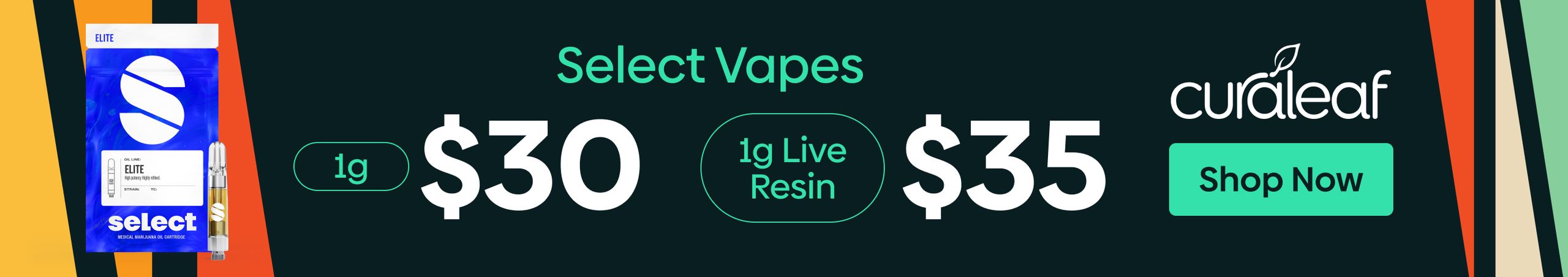 Cannabis Promo, Cannabis Sales, Cannabis Discounts, Cannabis on Sale, $30 Select Elite 1g Vape Carts!