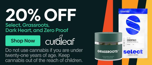 Cannabis Promo, Cannabis Sales, Cannabis Discounts, Cannabis on Sale, 20% Off Dark Heart, Grassroots, Select & Zero Proof Products