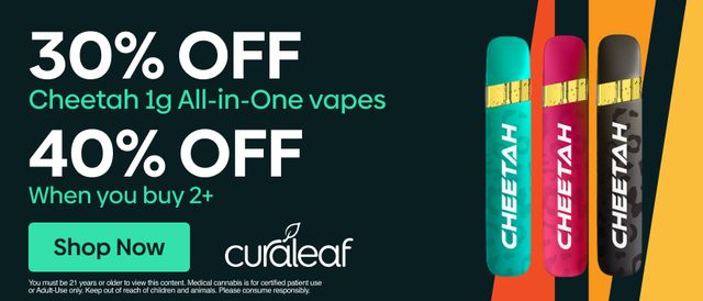 vape sale promo deals Cannabis | 30% Off Cheetah 1g All-in-One Vapes! | Curaleaf Reisterstown, MD Chesapeake Apothecary gummy Flavor:Epic Peach Mango