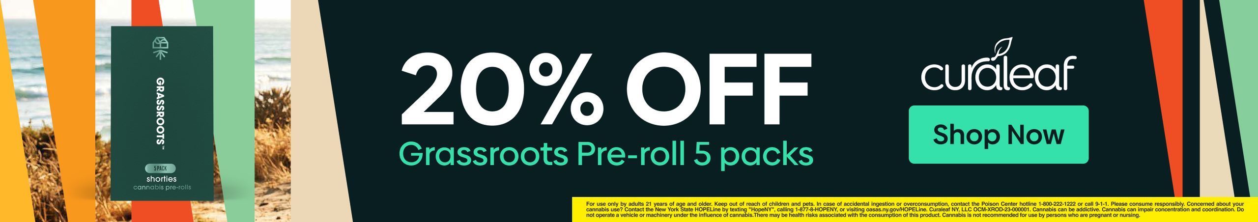 Cannabis Promo, Cannabis Sales, Cannabis Discounts, Cannabis on Sale, 20% Off Grassroots 5pk Pre-Rolls!