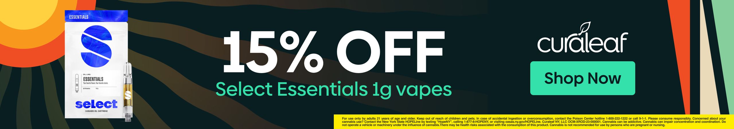 Cannabis Promo, Cannabis Sales, Cannabis Discounts, Cannabis on Sale, 15% Off Select Essentials 1g Cartridges!