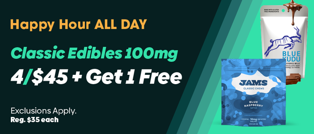 Cannabis Promo, Cannabis Sales, Cannabis Discounts, Cannabis on Sale, Happy Hour All Day: 4 for $45 100mg Edibles + Get one Free