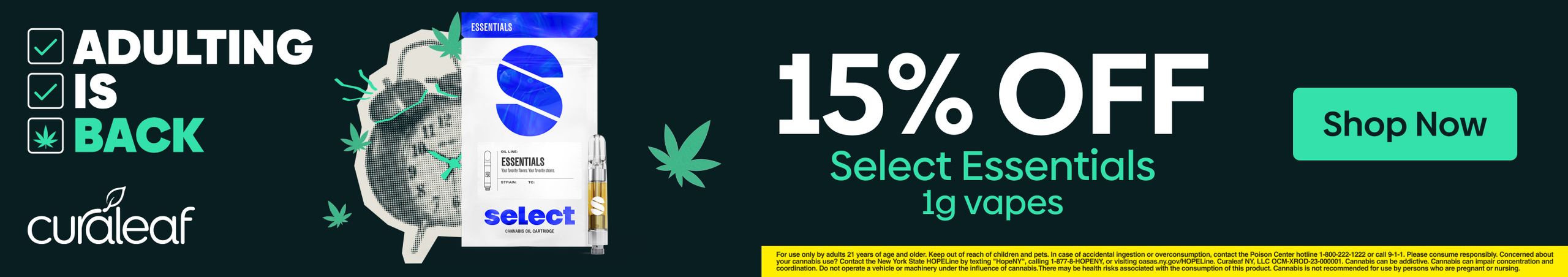 Cannabis Promo, Cannabis Sales, Cannabis Discounts, Cannabis on Sale, 15% Off Select Essentials 1g Cartridges!