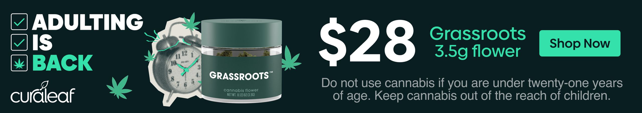 Cannabis Promo, Cannabis Sales, Cannabis Discounts, Cannabis on Sale, $28 Grassroots Eighths!