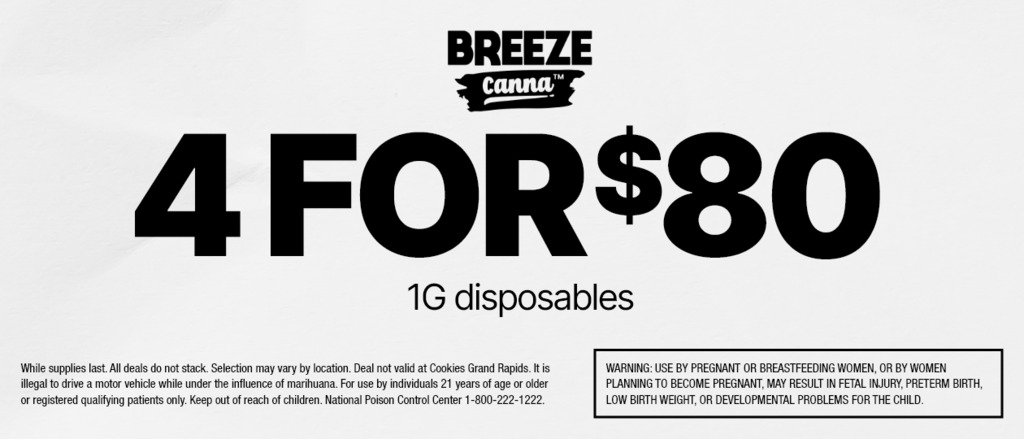 Cannabis Promo, Cannabis Sales, Cannabis Discounts, Cannabis on Sale, 4 FOR $80 BREEZE 1G DISPOSABLES