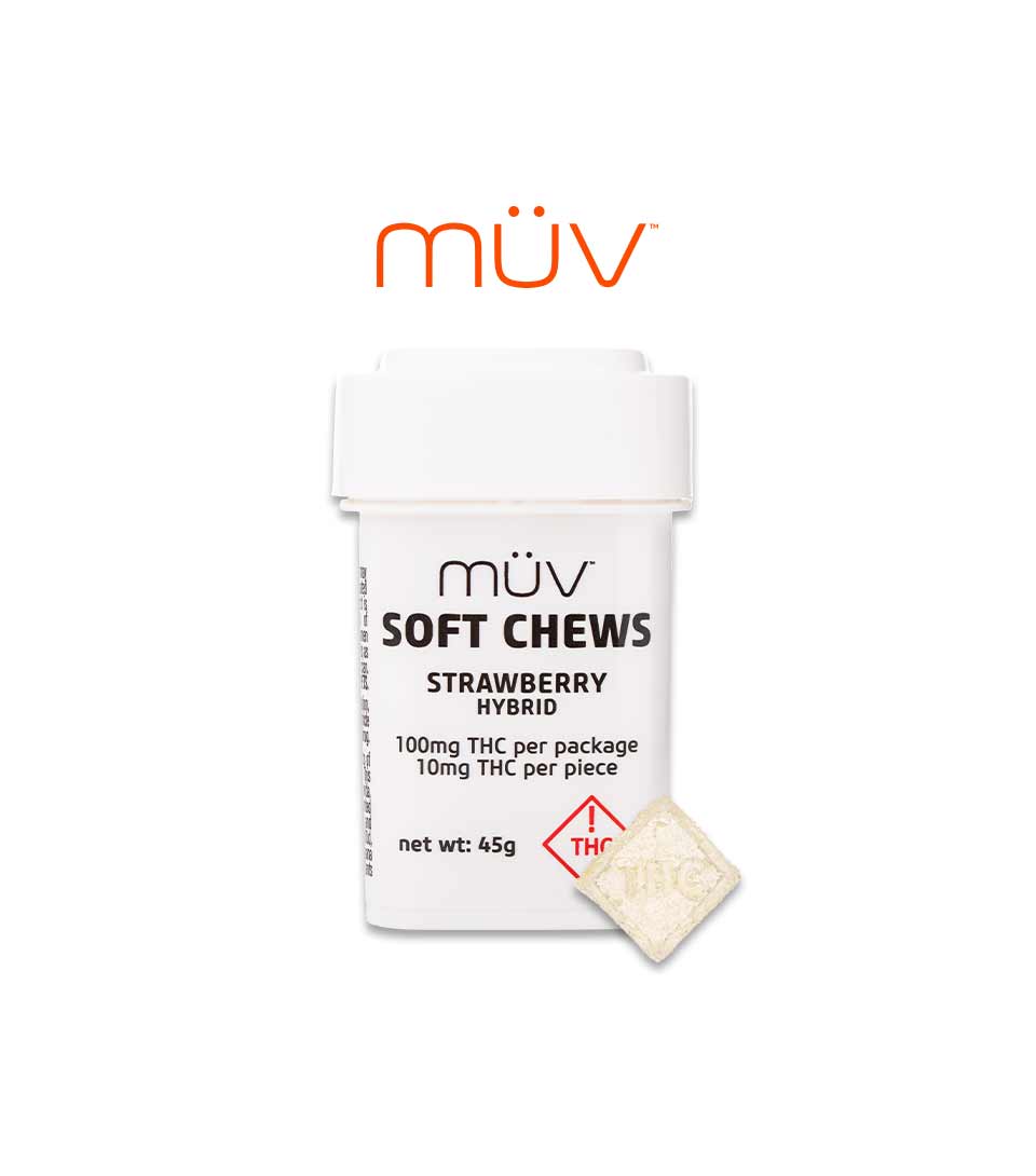 Buy MÜV Edibles Strawberry Peach  2:1 CBD:THC Soft Chews 100mg [10 Pk] image
