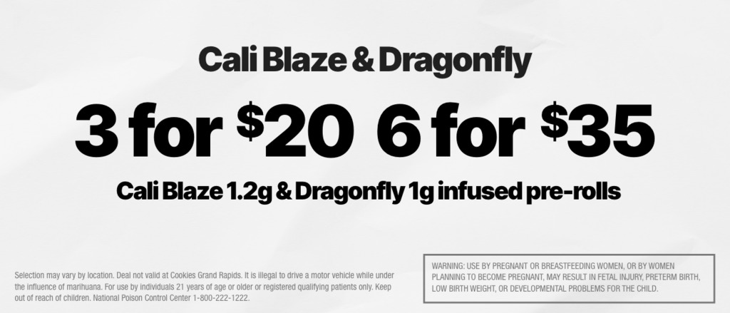 Cannabis Promo, Cannabis Sales, Cannabis Discounts, Cannabis on Sale, 3 FOR $20 CALI BLAZE 1.2G & DRAGONFLY 1G INF PRE-ROLLS