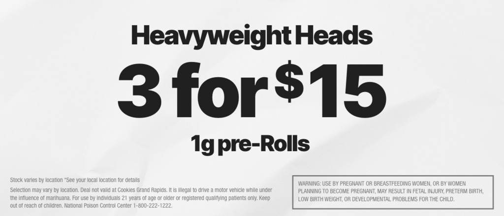 Cannabis Promo, Cannabis Sales, Cannabis Discounts, Cannabis on Sale, 3 FOR $15 HEAVYWEIGHT HEADS 1G PRE-ROLLS