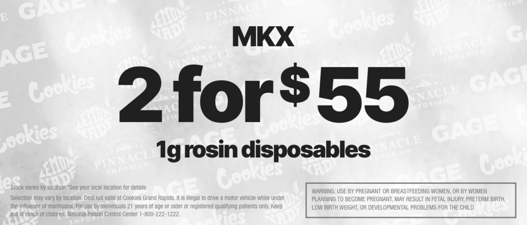 Cannabis Promo, Cannabis Sales, Cannabis Discounts, Cannabis on Sale, 2 FOR $55 MKX 1G ROSIN DISPOSABLES