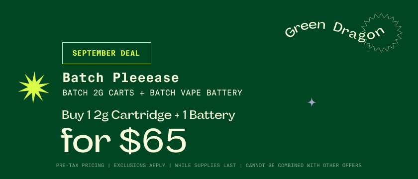 Cannabis Promo, Cannabis Sales, Cannabis Discounts, Cannabis on Sale, Batch Bundle: Buy 1 2G Cartridge + 1 Batch Battery for $65