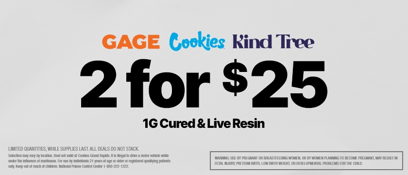 Cannabis Promo, Cannabis Sales, Cannabis Discounts, Cannabis on Sale, GAGE, COOKIES & KIND TREE 1G CURED & LIVE RESIN - 2 FOR $25