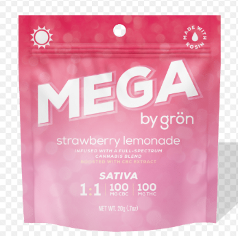 Gron Mega Pearl Strawberry Lemonade 1:1 CBC:THC Gummy Candy Edible, 100mg, 1pk