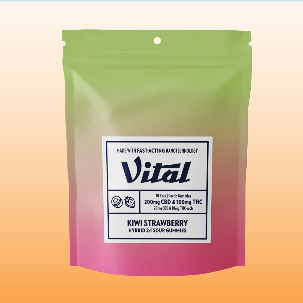 Vital Pectin Kiwi Strawberry 2:1 CBD:THC Gummy Candy Edible, 100mg, 10pk