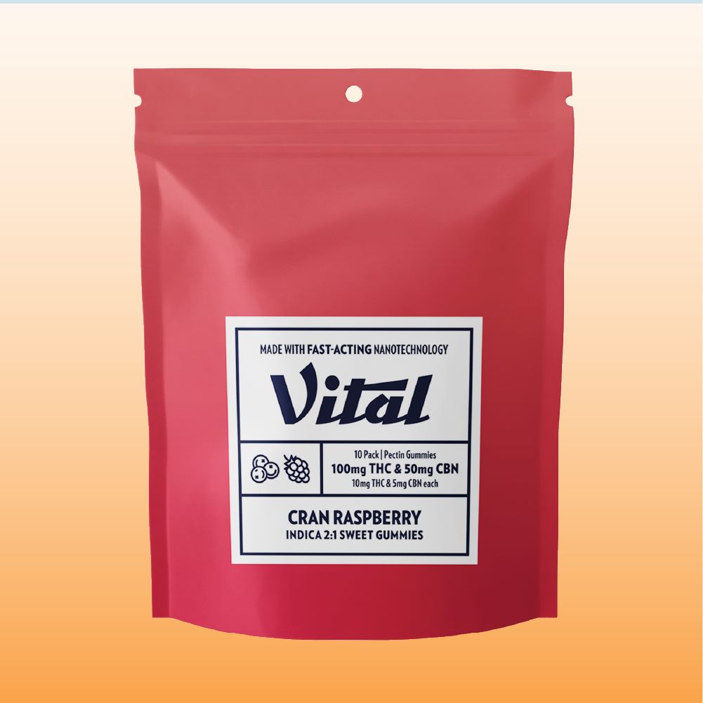 Vital Cran Raspberry 1:2 CBN:THC Gummy Candy Edible, 100mg, 10pk