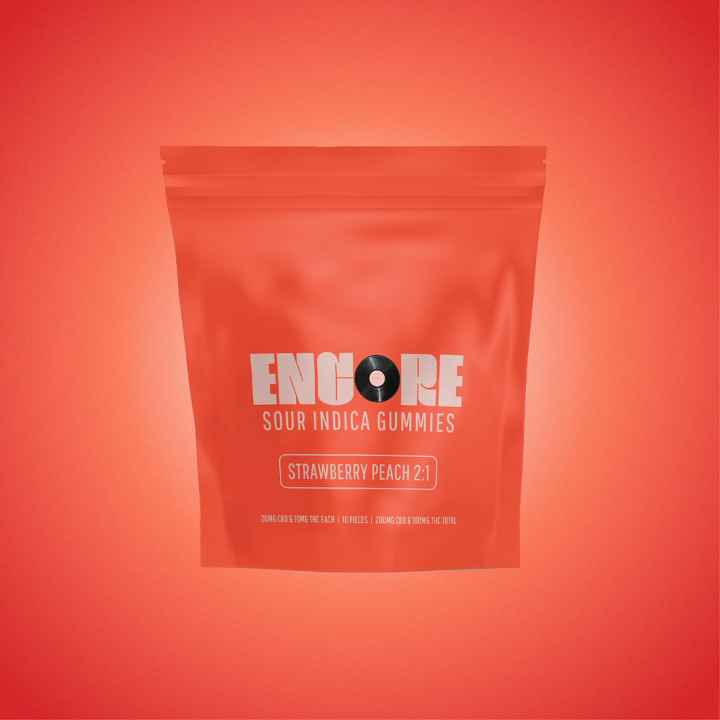 Encore Edibles Sour Strawberry Peach 2:1 CBD:THC Gummy Candy Edible, 100mg, 10pk