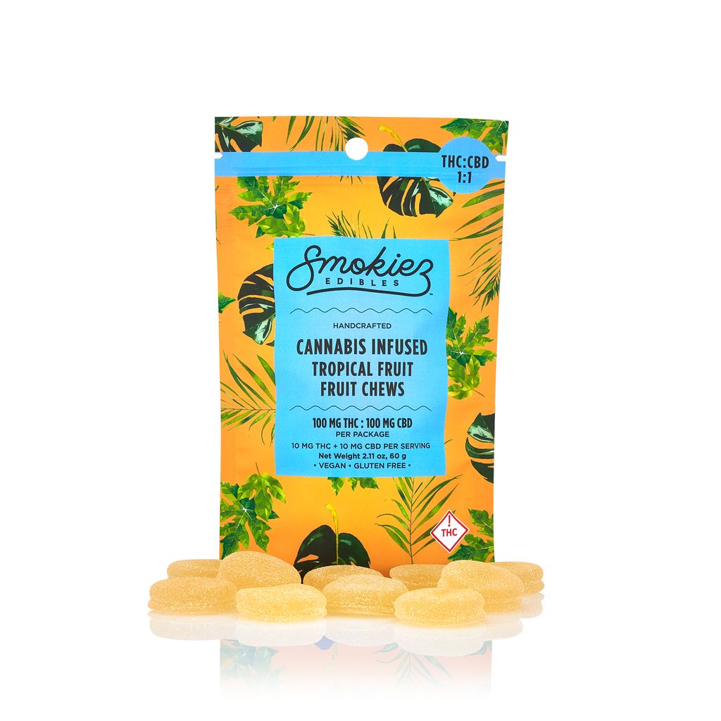 Smokiez Sour Tropical Fruit (1:1 CBD:THC) Fruit Chews 10 Pack | 100mg