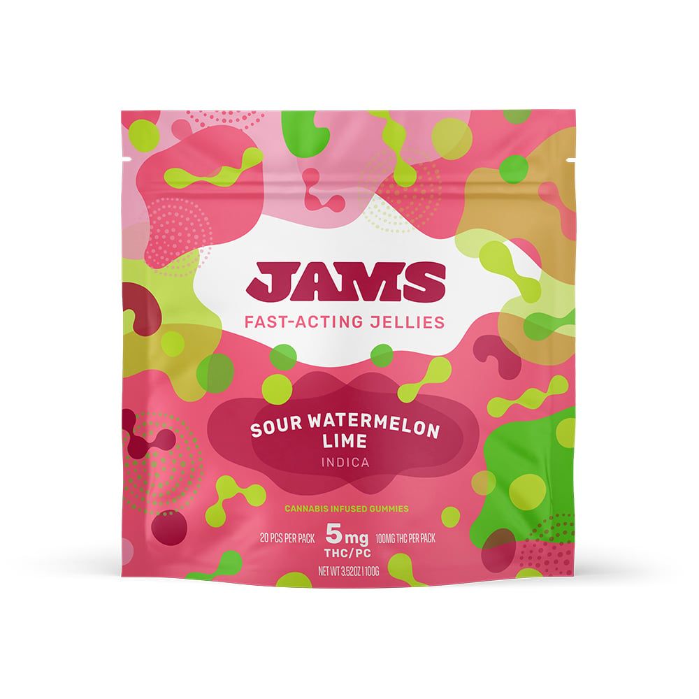 JAMS Sour Watermelon Lime Gummy Candy Edible, 100mg, 20pk