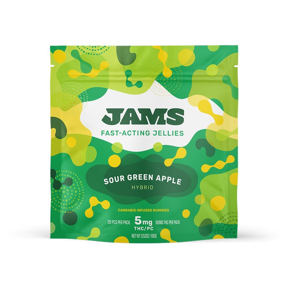 JAMS Sour Green Apple Gummy Candy Edible, 100mg, 20pk
