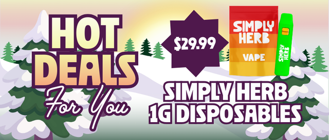 Cannabis Promo, Cannabis Sales, Cannabis Discounts, Cannabis on Sale, $29.99 Simply Herb 1G Disposable