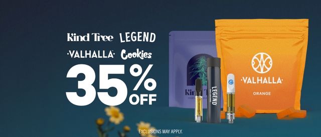 Cannabis Promo, Cannabis Sales, Cannabis Discounts, Cannabis on Sale, 35% Off Kind Tree, Legend, Cookies & Valhalla