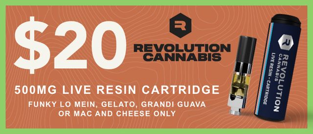 Cannabis Promo, Cannabis Sales, Cannabis Discounts, Cannabis on Sale, Revolution 500mg Live Resin Cartridge $20
