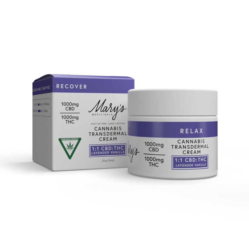 Mary's Medicinals Lavender Vanilla Relax 1:1 CBD:THC Cream Transdermal Topical, 1000mg