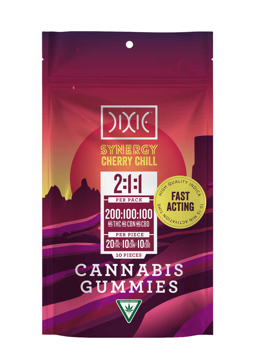 Dixie Synergy Cherry Chill 1:1:2 CBD:CBN:THC Gummy Candy Edible, 200mg, 10pk