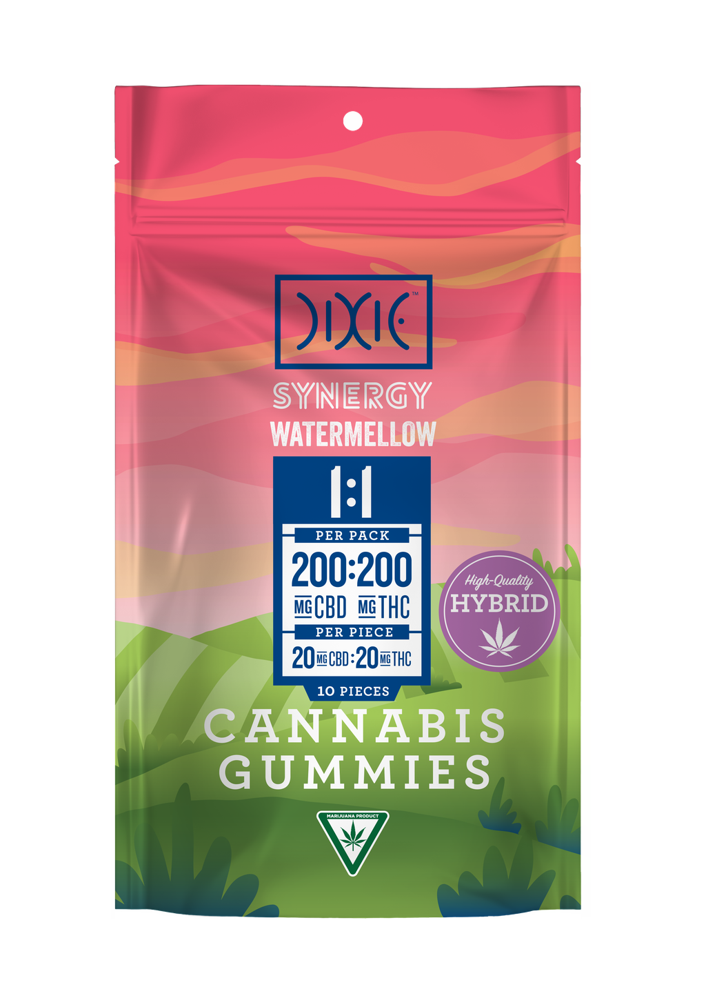 Dixie Synergy Watermellow 1:1 CBD:THC Gummy Candy Edible, 200mg, 10pk