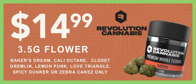 Cannabis Promo, Cannabis Sales, Cannabis Discounts, Cannabis on Sale, Revolution 3.5g for $14.99