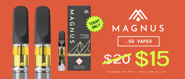 Cannabis Promo, Cannabis Sales, Cannabis Discounts, Cannabis on Sale, $15 Magnus Carts 0.5G - TODAY ONLY!