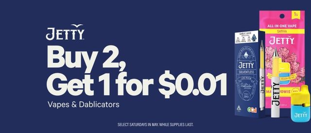 Cannabis Promo, Cannabis Sales, Cannabis Discounts, Cannabis on Sale, SELECT SATURDAYS: Buy 2 Get 1 For $0.01 Jetty Products
