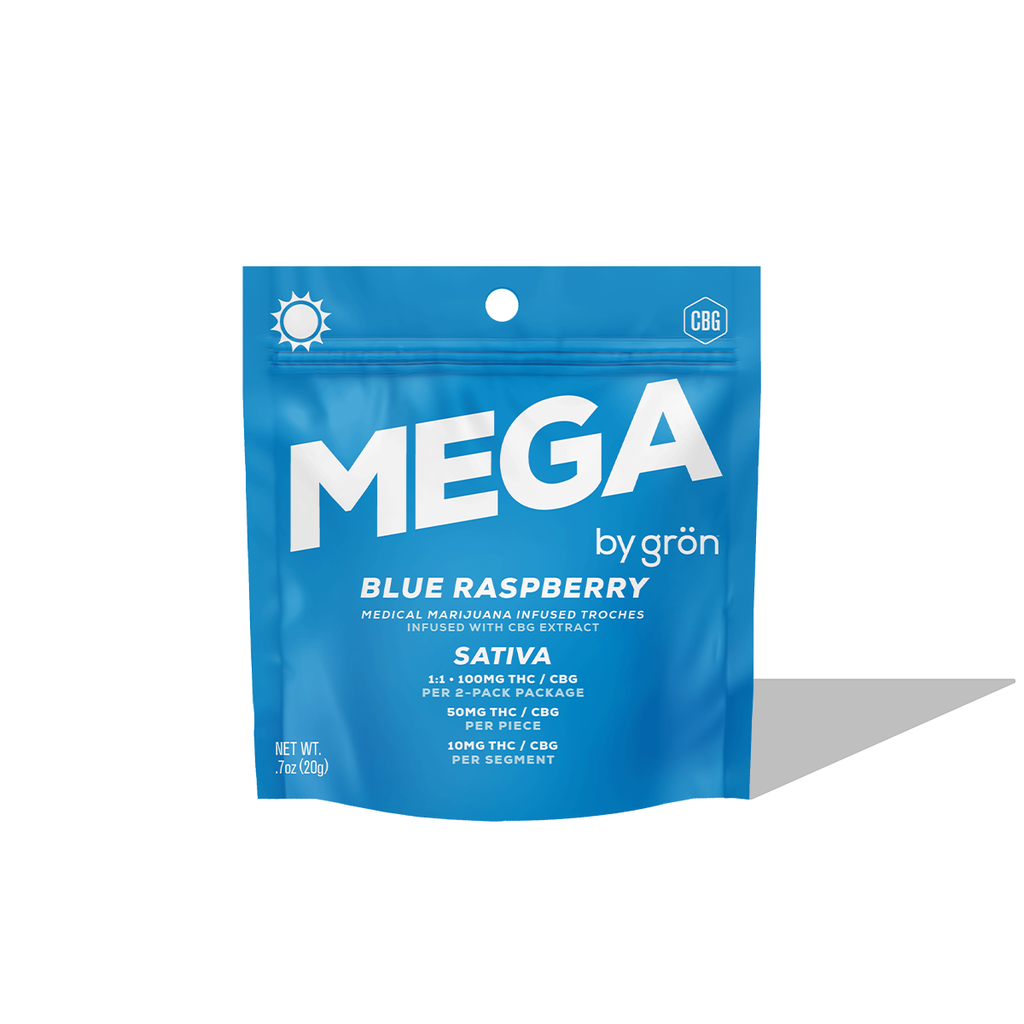 Gron MEGA 1:1 THC:CBG Blue Raspberry Troches, 100mg, 2pk