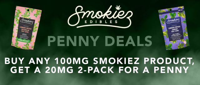 Cannabis Promo, Cannabis Sales, Cannabis Discounts, Cannabis on Sale, Buy any 100mg Smokiez get 20mg 2‑pack for $0.01