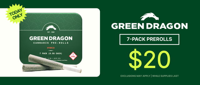 Cannabis Promo, Cannabis Sales, Cannabis Discounts, Cannabis on Sale, Green Dragon 7 Pack Prerolls $20 - TODAY ONLY!