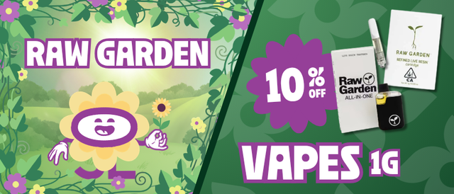 Cannabis Promo, Cannabis Sales, Cannabis Discounts, Cannabis on Sale, 10% Off Raw Garden 1G Vapes