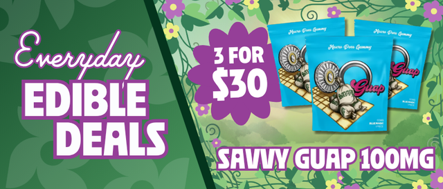 Cannabis Promo, Cannabis Sales, Cannabis Discounts, Cannabis on Sale, 3 for $30 Savvy Guap 100MG Edibles